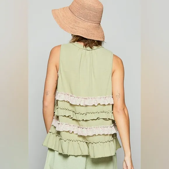 POL Ruffle Patchwork Floral Boho Vest Hippie Raw Seam Open Sleeveless Cardigan