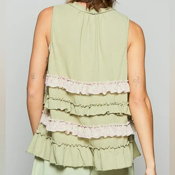POL Ruffle Patchwork Floral Boho Vest Hippie Raw Seam Open Sleeveless Cardigan