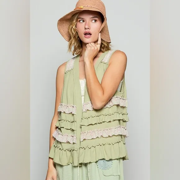 POL Ruffle Patchwork Floral Boho Vest Hippie Raw Seam Open Sleeveless Cardigan
