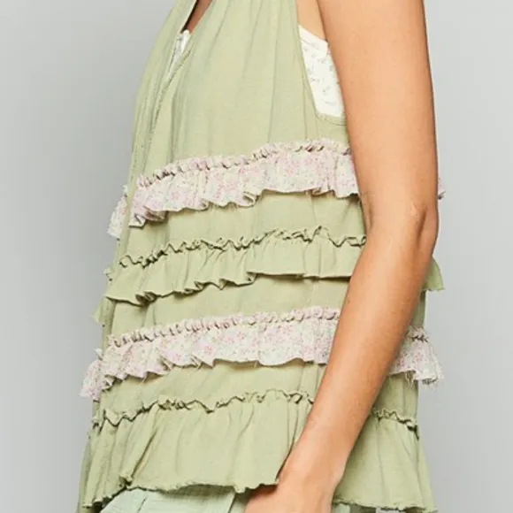 POL Ruffle Patchwork Floral Boho Vest Hippie Raw Seam Open Sleeveless Cardigan