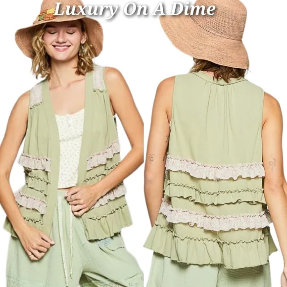 POL Ruffle Patchwork Floral Boho Vest Hippie Raw Seam Open Sleeveless Cardigan