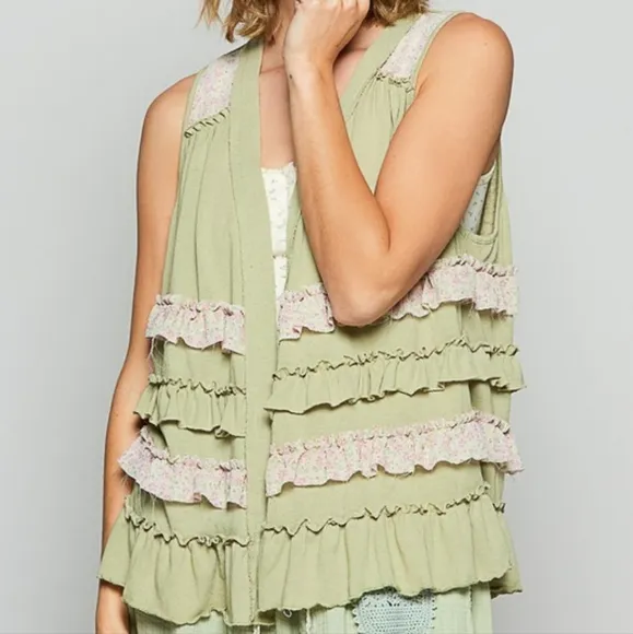POL Ruffle Patchwork Floral Boho Vest Hippie Raw Seam Open Sleeveless Cardigan