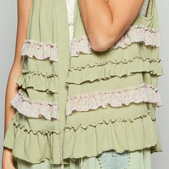 POL Ruffle Patchwork Floral Boho Vest Hippie Raw Seam Open Sleeveless Cardigan