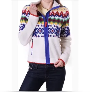Polo Ralph Lauren Cream Blue Pink Fair Isle Sherpa Fleece Full  Zip Jacket Large