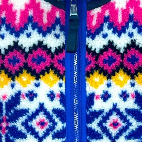 Polo Ralph Lauren Cream Blue Pink Fair Isle Sherpa Fleece Full  Zip Jacket Large
