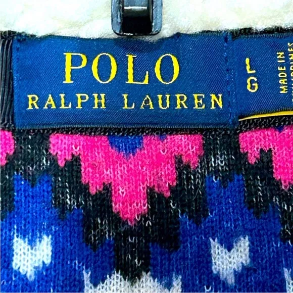 Polo Ralph Lauren Cream Blue Pink Fair Isle Sherpa Fleece Full  Zip Jacket Large