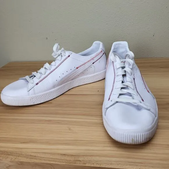 Puma Mens Clyde Zigzag 375888-01 White Leather Lace Up Sneaker Shoes Size 14
