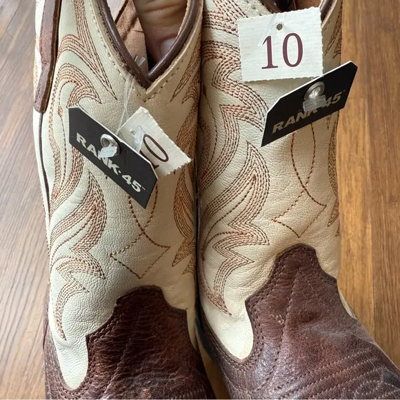 Rank 45 Cowboy Boots Boys 10 Square Toe Brown Ivory Genuine Leather Austin New