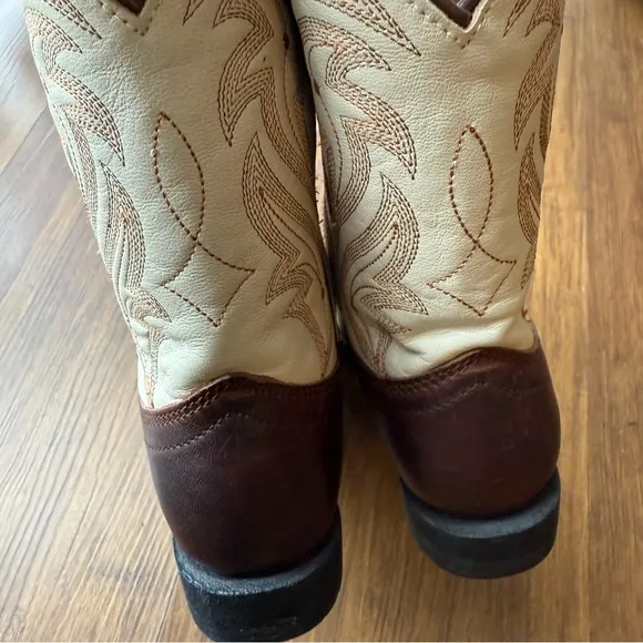 Rank 45 Cowboy Boots Boys 10 Square Toe Brown Ivory Genuine Leather Austin New