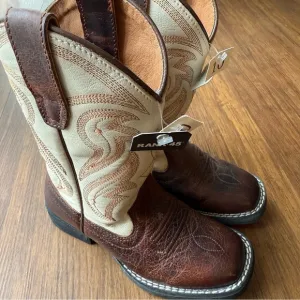 Rank 45 Cowboy Boots Boys 10 Square Toe Brown Ivory Genuine Leather Austin New