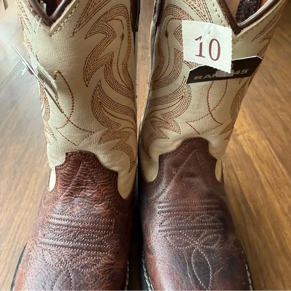 Rank 45 Cowboy Boots Boys 10 Square Toe Brown Ivory Genuine Leather Austin New