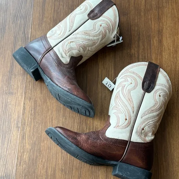 Rank 45 Cowboy Boots Boys 10 Square Toe Brown Ivory Genuine Leather Austin New