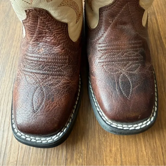 Rank 45 Cowboy Boots Boys 10 Square Toe Brown Ivory Genuine Leather Austin New