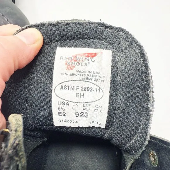 Red Wing Black Leather Steel Toe Safety Boots Men's Size 9.5 Lace Up Made in USA