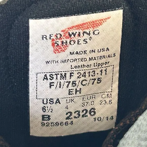 Red Wing Boots Men’s 6.5 B 2326 Work Steel Toe Brown Shoes ASTM F 2413-11