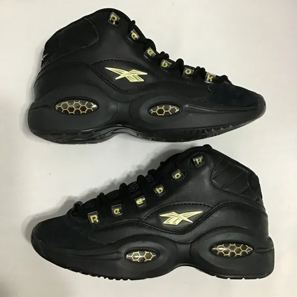 Reebok Question Mid Lux Basketball Shoes Mens 6 Black Gold Retro Suede New Nice