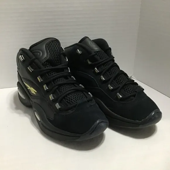 Reebok Question Mid Lux Basketball Shoes Mens 6 Black Gold Retro Suede New Nice