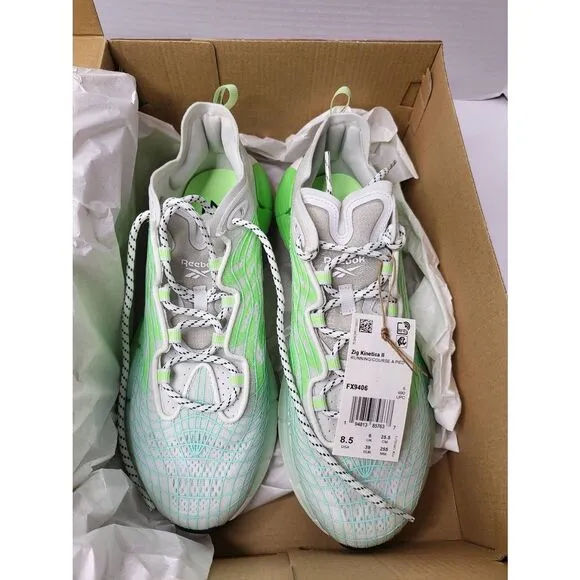 Reebok Zig Kinetica II Sneakers Neon Mint White Gray Women's Sz 8.5 NEW