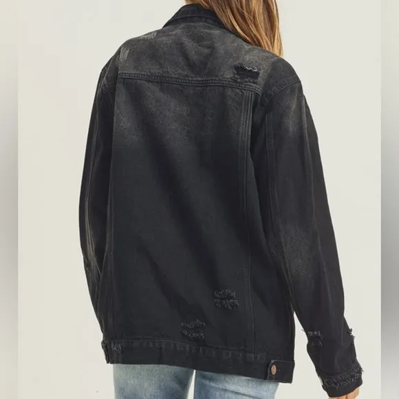 RISEN Distressed Cotton Torn Denim Jean Jacket Long Sleeve Black Button Collar