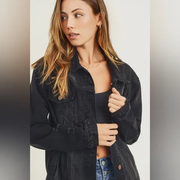 RISEN Distressed Cotton Torn Denim Jean Jacket Long Sleeve Black Button Collar