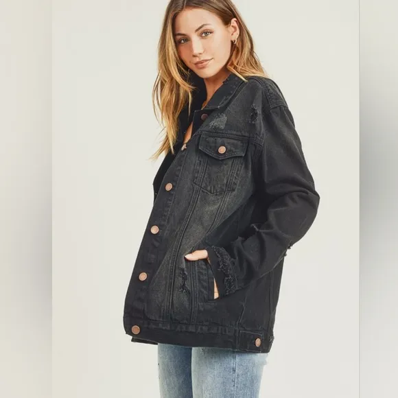 RISEN Distressed Cotton Torn Denim Jean Jacket Long Sleeve Black Button Collar