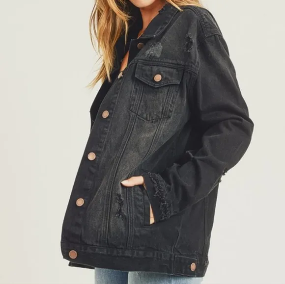RISEN Distressed Cotton Torn Denim Jean Jacket Long Sleeve Black Button Collar