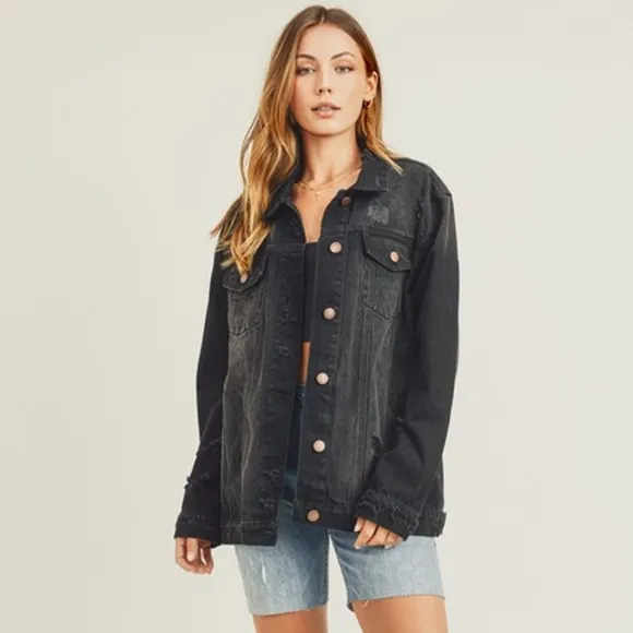RISEN Distressed Cotton Torn Denim Jean Jacket Long Sleeve Black Button Collar