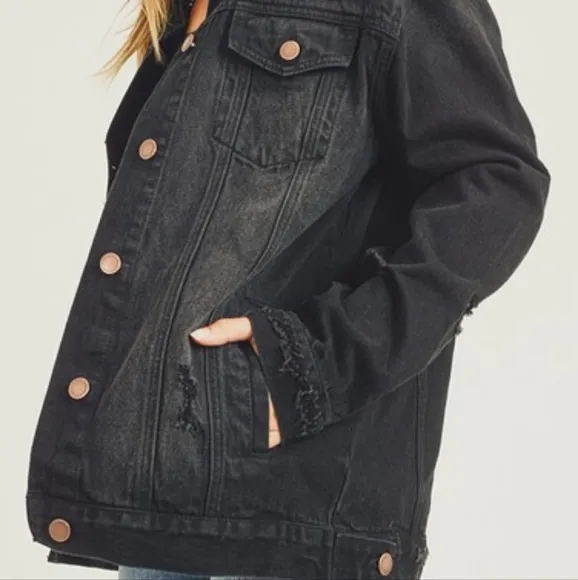 RISEN Distressed Cotton Torn Denim Jean Jacket Long Sleeve Black Button Collar