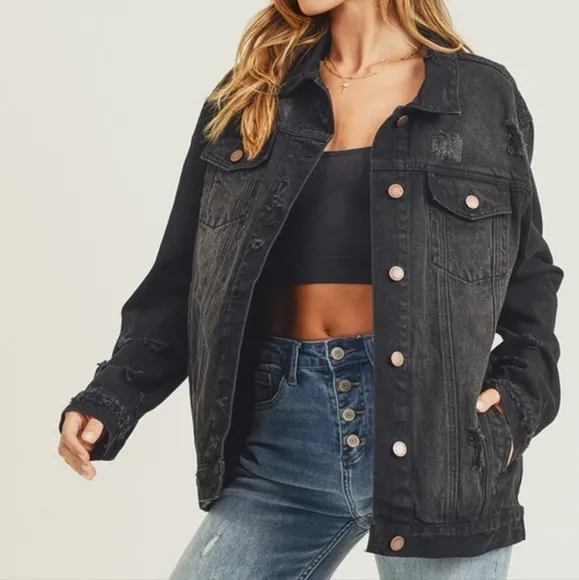 RISEN Distressed Cotton Torn Denim Jean Jacket Long Sleeve Black Button Collar
