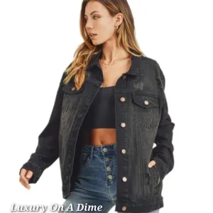 RISEN Distressed Cotton Torn Denim Jean Jacket Long Sleeve Black Button Collar