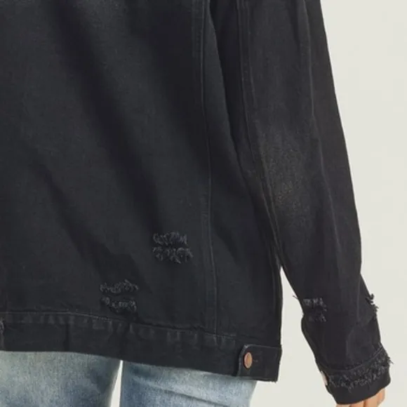 RISEN Distressed Cotton Torn Denim Jean Jacket Long Sleeve Black Button Collar