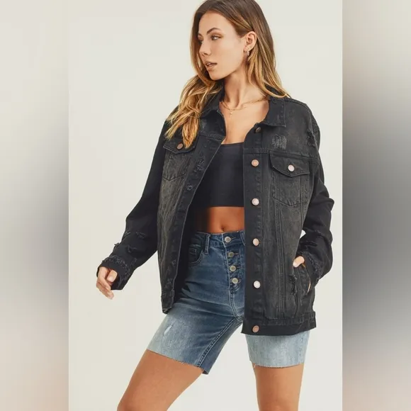RISEN Distressed Cotton Torn Denim Jean Jacket Long Sleeve Black Button Collar