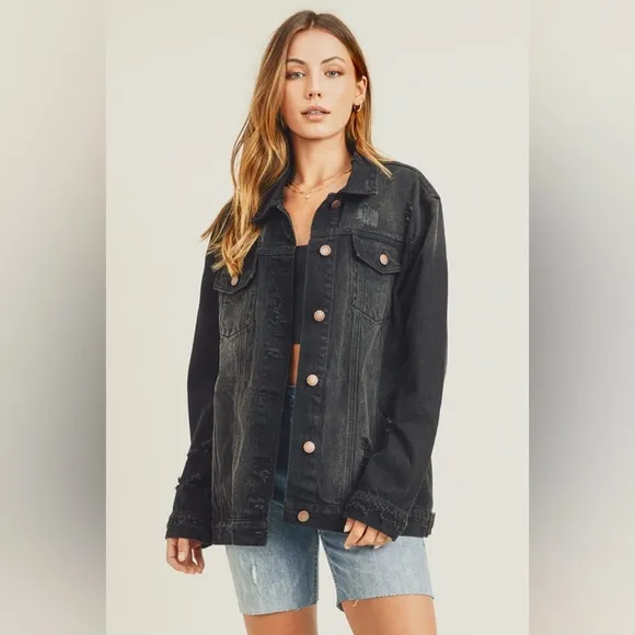 RISEN Distressed Cotton Torn Denim Jean Jacket Long Sleeve Black Button Collar