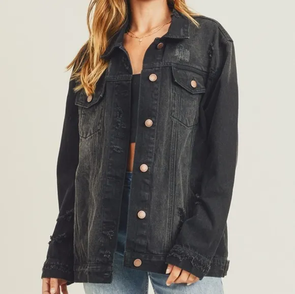 RISEN Distressed Cotton Torn Denim Jean Jacket Long Sleeve Black Button Collar