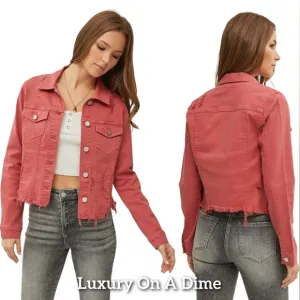 RISEN Distressed Red Jean Jacket Cropped Raw Hem Denim Long Sleeve Button-Up