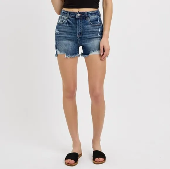 RISEN Frayed High Rise Waist Distressed Cut-off Denim Mid-length Blue Jean Short