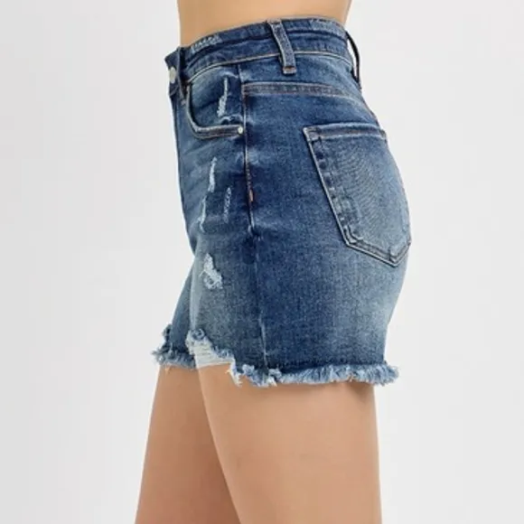RISEN Frayed High Rise Waist Distressed Cut-off Denim Mid-length Blue Jean Short