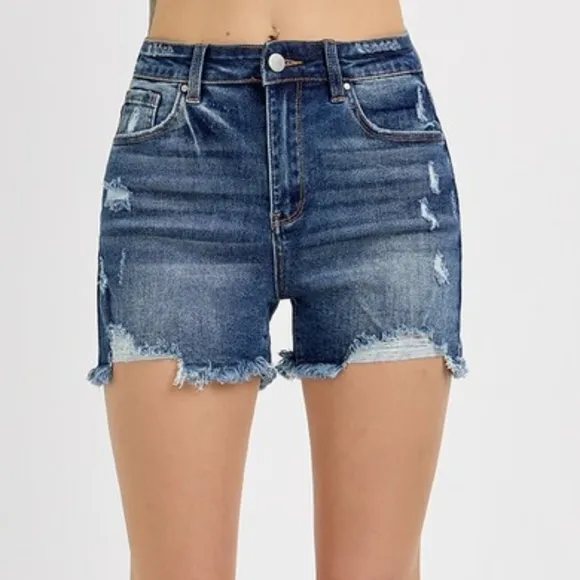 RISEN Frayed High Rise Waist Distressed Cut-off Denim Mid-length Blue Jean Short