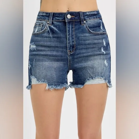 RISEN Frayed High Rise Waist Distressed Cut-off Denim Mid-length Blue Jean Short