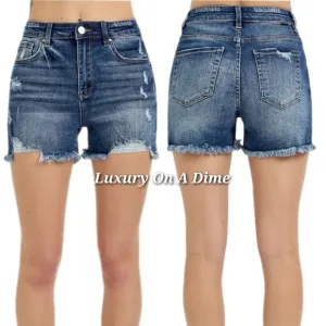 RISEN Frayed High Rise Waist Distressed Cut-off Denim Mid-length Blue Jean Short
