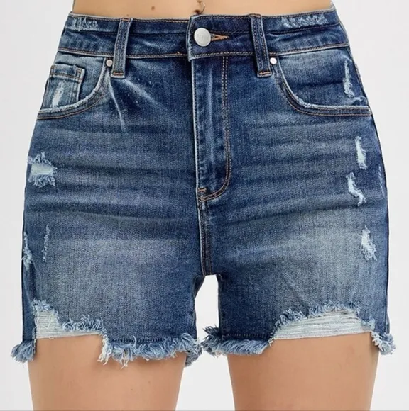 RISEN Frayed High Rise Waist Distressed Cut-off Denim Mid-length Blue Jean Short