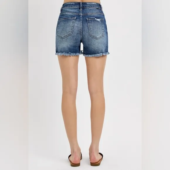 RISEN Frayed High Rise Waist Distressed Cut-off Denim Mid-length Blue Jean Short