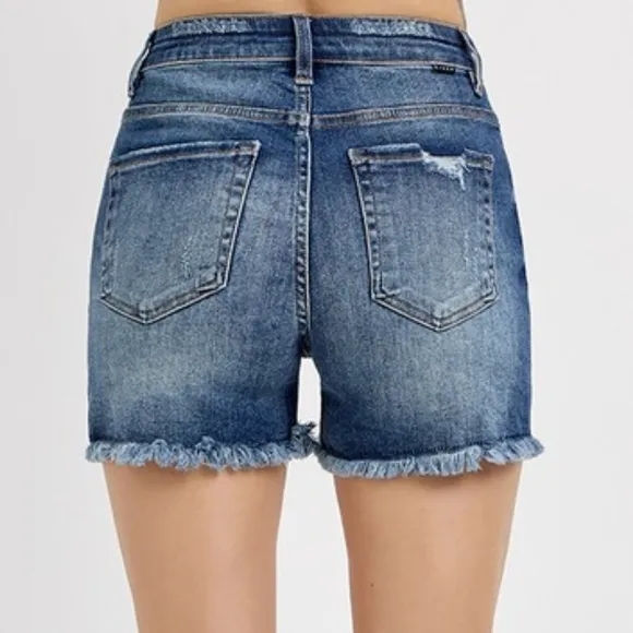 RISEN Frayed High Rise Waist Distressed Cut-off Denim Mid-length Blue Jean Short