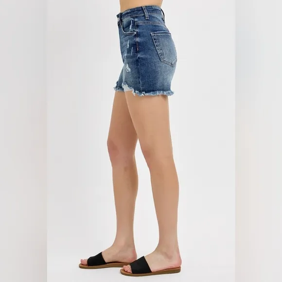 RISEN Frayed High Rise Waist Distressed Cut-off Denim Mid-length Blue Jean Short