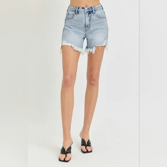 RISEN High Rise Waist Distressed Denim Cutoff Frayed Mid-length Step Jean Shorts