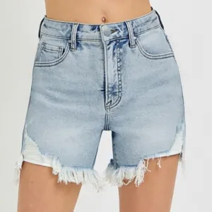 RISEN High Rise Waist Distressed Denim Cutoff Frayed Mid-length Step Jean Shorts