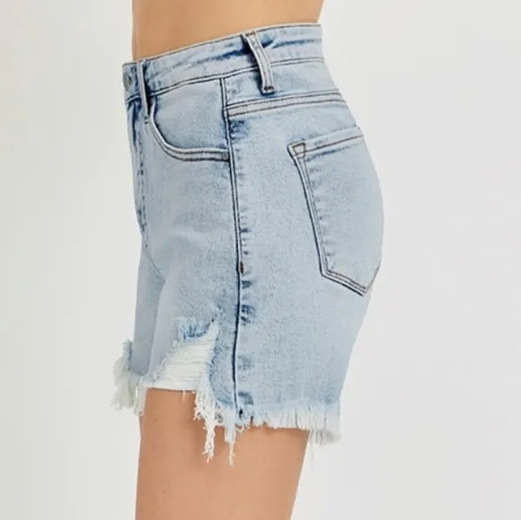 RISEN High Rise Waist Distressed Denim Cutoff Frayed Mid-length Step Jean Shorts