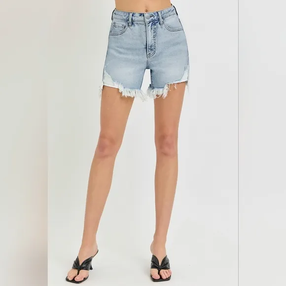 RISEN High Rise Waist Distressed Denim Cutoff Frayed Mid-length Step Jean Shorts