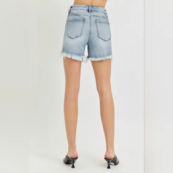RISEN High Rise Waist Distressed Denim Cutoff Frayed Mid-length Step Jean Shorts