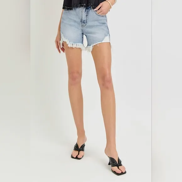 RISEN High Rise Waist Distressed Denim Cutoff Frayed Mid-length Step Jean Shorts